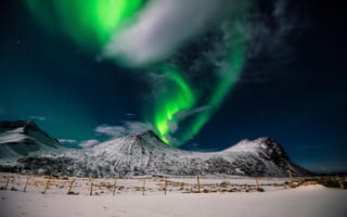 Картинка северное сияние, природа, ночное небо, горы, зима, пейзаж, звезды