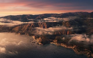 Картинка пейзаж, горы, море, облака, закат, природа, красота