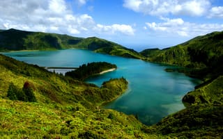 Картинка природа, озеро, горы, пейзаж, зелень, небо, вода, отдых, красота, ландшафт