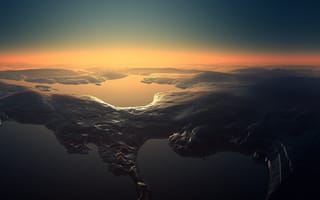 Картинка пейзаж, горы, закат, природа, океан, облака, красота