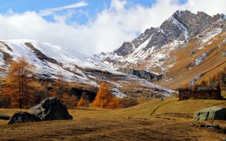 Картинка горы, природа, осень, пейзаж, снег, деревья, камни