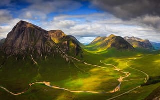 Картинка горы, пейзаж, природа, долина, облака, свет, зеленый