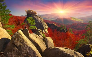 Картинка природа, осень, горы, закат, пейзаж, камни, лес