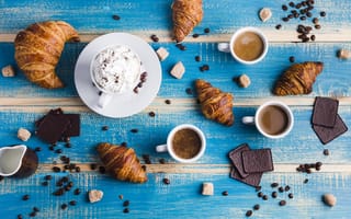 Картинка кофе, круассан, десерт, шоколад, еда, завтрак, напитки, кондитерские изделия, крупный план, стол