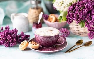 Картинка кофе, цветы, десерт, фото, стиль, интерьер, уют