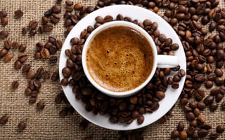 Картинка кофе, чашка, зерна, напиток, аромат, утро, еда