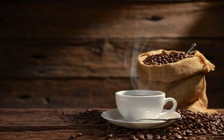 Картинка кофе, чашка, зерна, дерево, аромат, утро, напиток