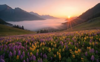 Картинка пейзаж, цветы, горы, закат, природа, долина, туман