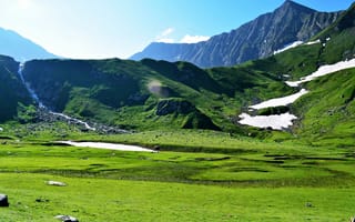 Картинка горы, природа, пейзаж, зелень, небо, водопад, лето