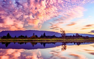 Картинка природа, закат, озеро, облака, отражение, пейзаж, горы