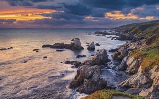 Картинка море, скалы, закат, пейзаж, природа, берег, обои