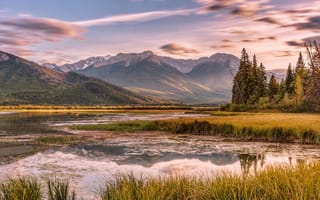 Картинка природа, горы, озеро, пейзаж, лес, закат, отражение