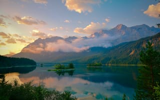 Картинка природа, горы, озеро, закат, облака, пейзаж, лес