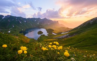 Картинка горы, озеро, закат, природа, цветы, пейзаж, лето, зелень