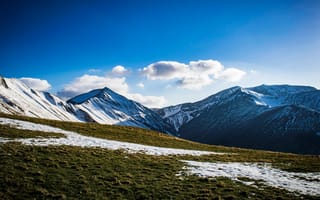 Картинка горы, пейзаж, небо, природа, зима, снег, зелень