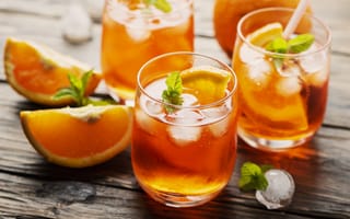 Картинка напитки, апельсин, лед, освежающий, мята, стекло, лето, доска