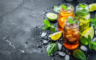 Картинка напитки, лимон, мята, лед, стеклянные банки, освежающий, черный фон