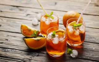 Картинка напитки, апельсин, лед, освежающий, коктейли, мята, стол