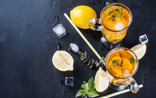 Картинка напитки, лимон, мятный, лед, стаканы, освежающий, лето, чай