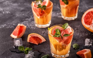 Картинка коктейли, грейпфрут, освежающий, напитки, лед, мята, фрукты, стекло, лето, декор