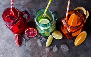 Картинка напитки, фрукты, освежающие, коктейли, лед, стеклянные банки, цветные