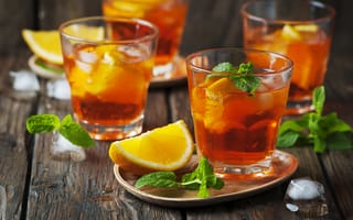 Картинка напитки, коктейли, апельсин, мята, лед, деревянный фон, освежающий