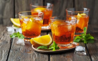 Картинка напитки, коктейли, апельсин, лед, мята, стол, дерево