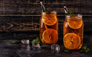 Картинка напиток, лимон, мята, лед, стеклянные банки, освежающий, лето, декор