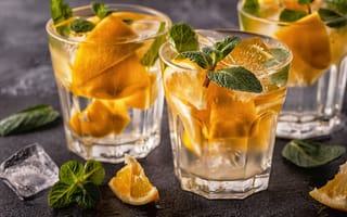 Картинка напитки, лимон, мята, лед, освежающий, коктейль, стекло, лето, фрукты, вода