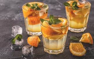 Картинка напитки, апельсин, лед, освежающий, коктейль, мята, стеклянные стаканы, фрукты