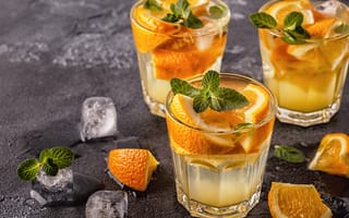 Картинка напитки, цитрусы, освежающий, лед, мята, апельсин, коктейль, лето, стекло, фрукты