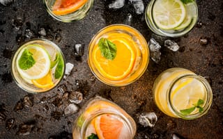 Картинка напитки, лимон, мята, апельсин, лед, стеклянные банки, освежающий