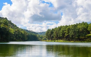 Картинка природа, озеро, лес, небо, облака, пейзаж, отдых