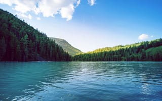 Картинка озеро, природа, лес, горы, небо, пейзаж, вода, отдых, солнце, мир