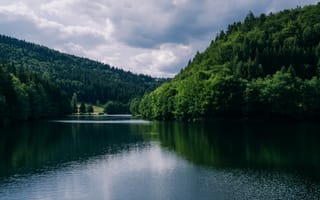 Картинка природа, озеро, лес, горы, пейзаж, отражение, небо