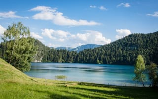 Картинка озеро, природа, горы, небо, деревья, пейзаж, лето