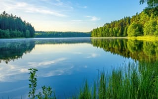 Картинка озеро, природа, лес, отражение, пейзаж, вода, зелень, небо, утро, спокойствие