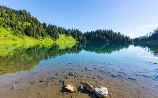 Картинка озеро, природа, лес, горы, отражение, камни, пейзаж