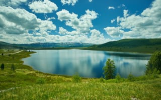 Картинка озеро, природа, небо, облака, горы, пейзаж, зелень