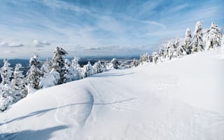 Картинка зима, снег, пейзаж, лес, небо, природа, горный