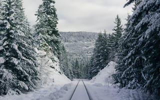 Картинка зима, снег, лес, железная дорога, пейзаж, природа, горы