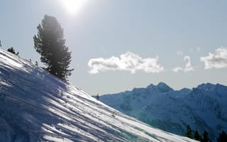 Картинка снег, горы, природа, зима, пейзаж, дерево, солнце, обои, отдых, красота