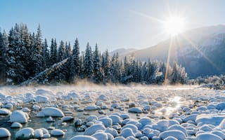 Картинка зима, снег, природа, солнце, лес, водоем, пейзаж, горы, лед, туман