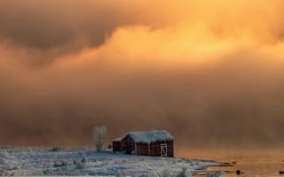 Картинка зима, пейзаж, дом, снег, закат, природа, лед