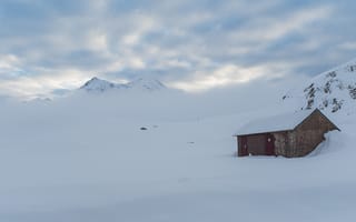 Картинка зима, снег, горы, дом, пейзаж, природа, холод