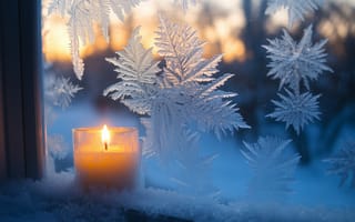 Картинка зима, свеча, окно, мороз, лед, пейзаж, свет