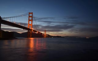 Картинка мост, золотые ворота, закат, океан, город, ночь, пейзаж