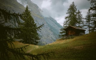 Картинка природа, горы, домик, лес, пейзаж, осень, мгла