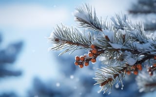 Картинка зима, снег, елка, ветка, ягоды, природа, пейзаж