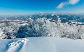 Картинка зима, снег, горы, пейзаж, природа, небо, лес, холод, свет, отдых